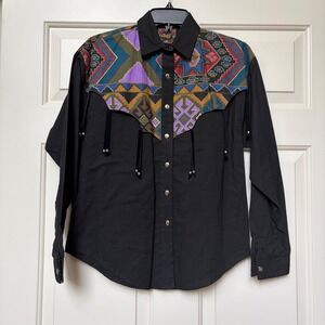 Circle T Vintage Western Shirt Womens XS Black Southwestern Geometric Tassel